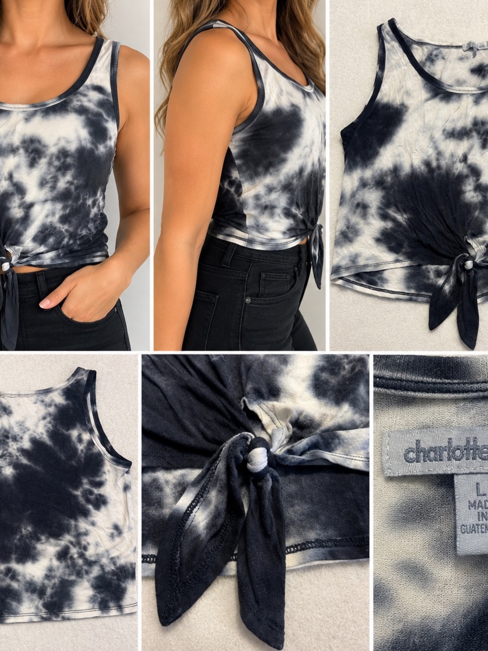 Charlotte Russe Black & White Tie-Front Tank Top